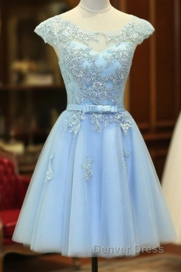 Light Blue Cap Sleeves Tea Length Vintage Style Prom Dress, Blue Homecoming Dresses Main image
