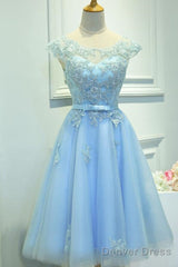 Light Blue Cap Sleeves Tea Length Vintage Style Formal Dress, Blue Homecoming Dresses