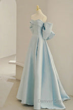 Light Blue Chic Satin Off Shoulder Long Party Dresses, A-Line Light Blue Formal Dresses