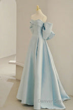 Light Blue Chic Satin Off Shoulder Long Prom Dress, A Line Light Blue Prom Dresses