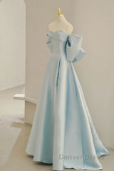 Light Blue Chic Satin Off Shoulder Long Party Dresses, A-Line Light Blue Formal Dresses