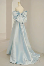 Light Blue Chic Satin Off Shoulder Long Party Dresses, A-Line Light Blue Formal Dresses