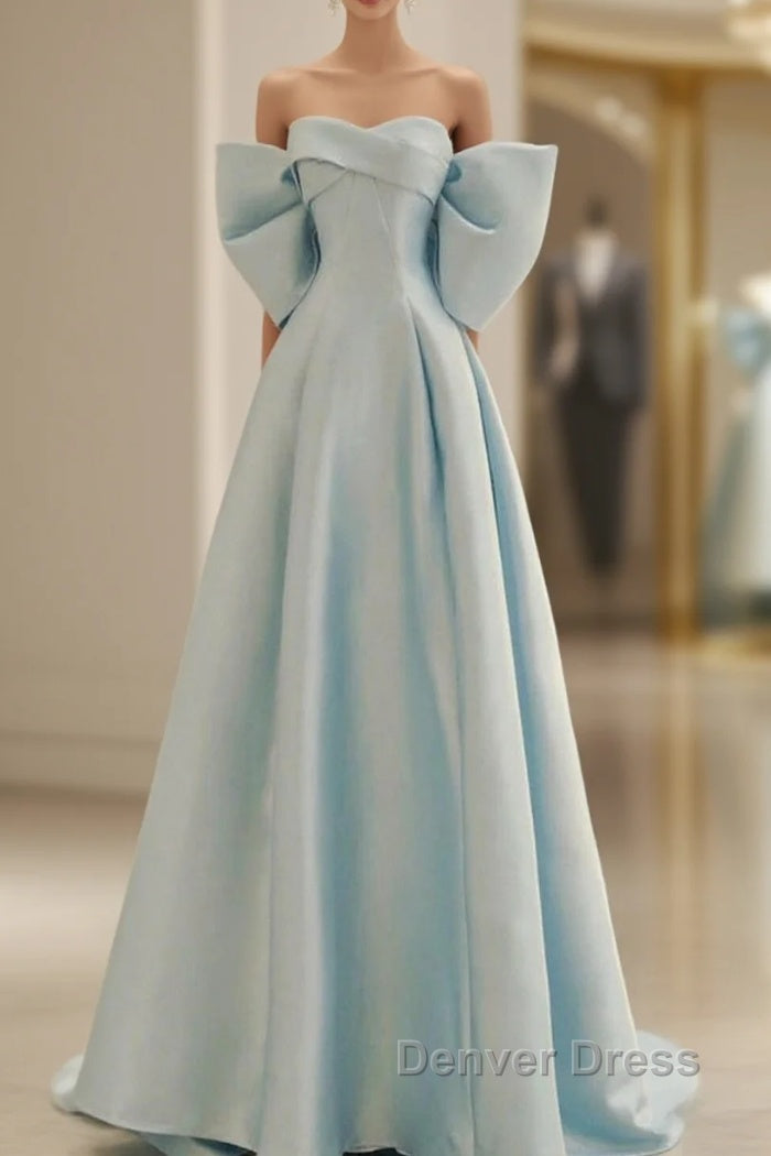 Light Blue Chic Satin Off Shoulder Long Prom Dress, A Line Light Blue Prom Dresses