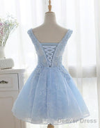 Light Blue Cute V Neckline Lace Short Prom Dress, Lace Prom Dress, Lace Prom Dresses