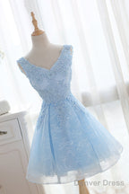 Light Blue Cute V Neckline Lace Short Prom Dress, Lace Prom Dress, Lace Prom Dresses