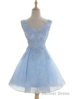 Light Blue Cute V Neckline Lace Short Prom Dress, Lace Prom Dress, Lace Prom Dresses