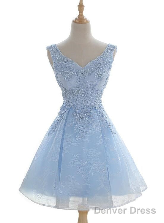 Light Blue Cute V Neckline Lace Short Prom Dress, Lace Prom Dress, Lace Prom Dresses