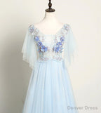 Light Blue Flower Lace V Neckline Puffy Sleeves Long Prom Dress, Blue Prom Dress