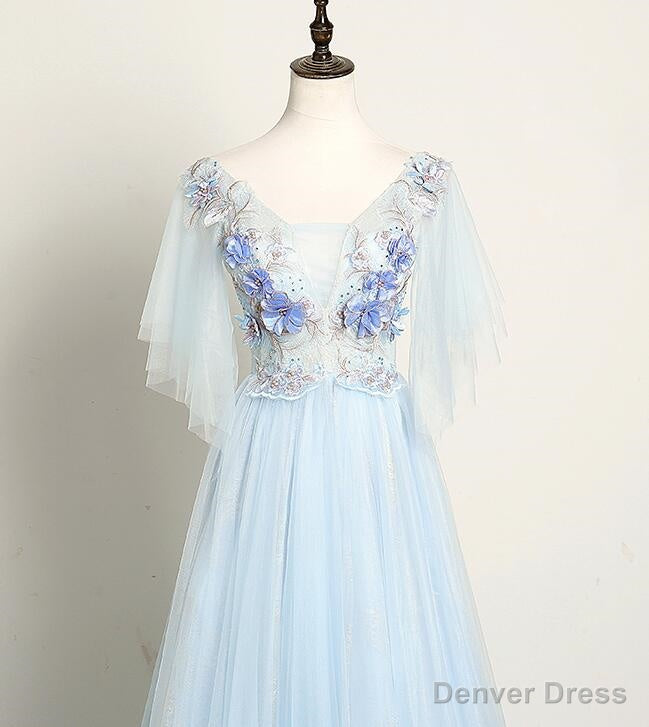 Light Blue Flower Lace V Neckline Puffy Sleeves Long Prom Dress, Blue Prom Dress