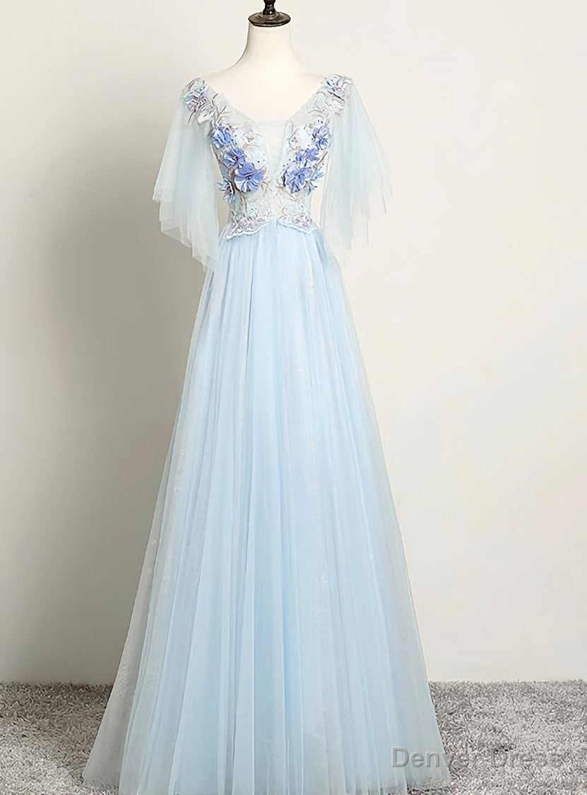 Light Blue Flower Lace V-neckline Puffy Sleeves Long Party Dress, Blue