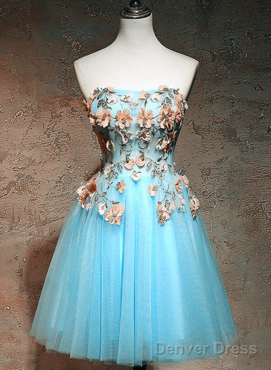 Light Blue Flowers Cute Tulle Knee Length Prom Dress, Blue Floral Homecoming Dress Prom Dresses