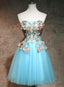 Light Blue Flowers Cute Tulle Knee Length Prom Dress, Blue Floral Homecoming Dress Prom Dresses