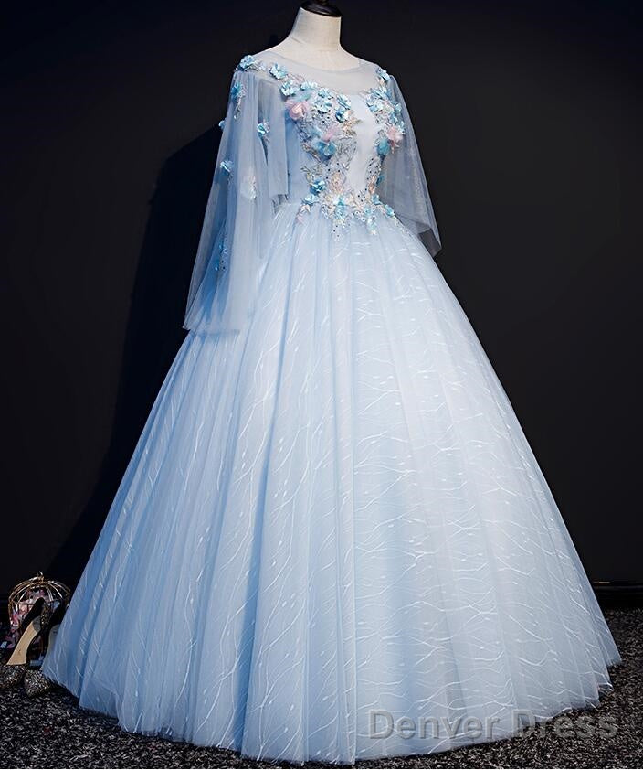 Light Blue Flowers Lace Round Neckline Ball Gown Sweet 16 Dress, Blue Long Formal Dresses