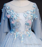 Light Blue Flowers Lace Round Neckline Ball Gown Sweet 16 Dress, Blue Long Formal Dresses