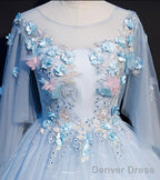 Light Blue Flowers Lace Round Neckline Ball Gowns Sweet 16 Dress, Blue Long Prom Dresses