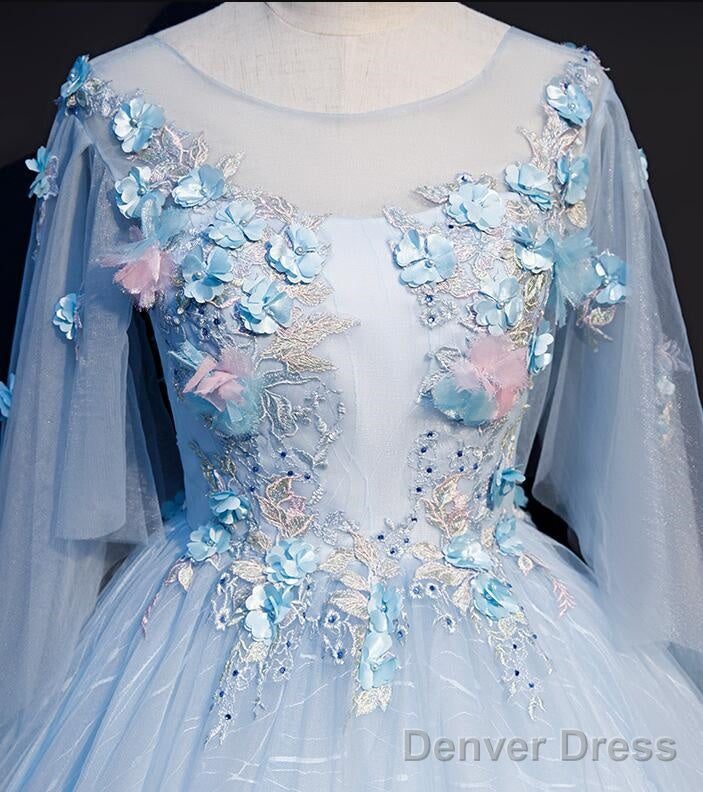 Light Blue Flowers Lace Round Neckline Ball Gowns Sweet 16 Dress, Blue Long Prom Dresses