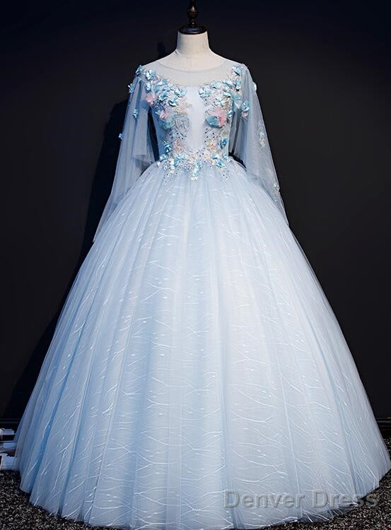 Light Blue Flowers Lace Round Neckline Ball Gown Sweet 16 Dress, Blue Long Formal Dresses