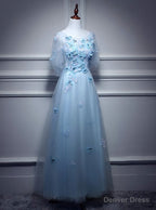Light Blue Flowers Long Prom Dress, A Line Tulle Prom Dress