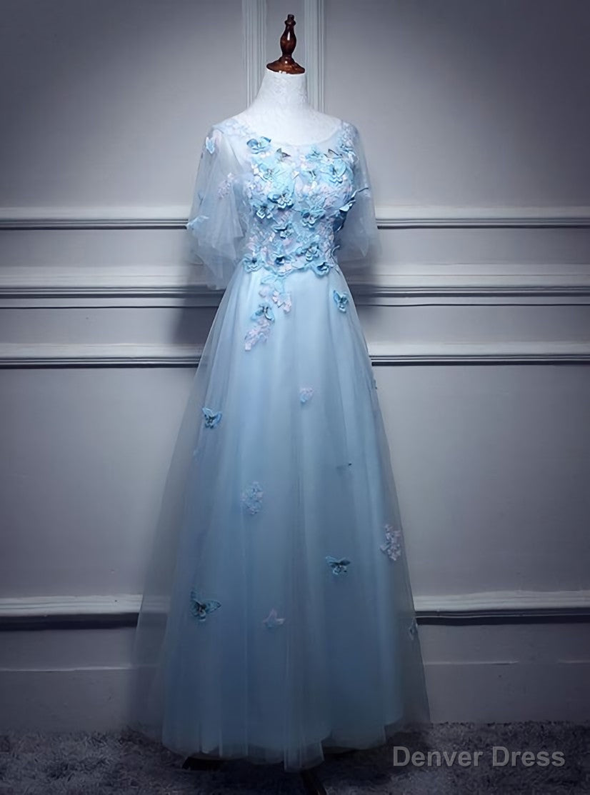Light Blue Flowers Long Prom Dress, A Line Tulle Prom Dress