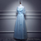 Light Blue Flowers Long Prom Dress, A Line Tulle Prom Dress
