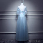 Light Blue Flowers Long Prom Dress, A Line Tulle Prom Dress