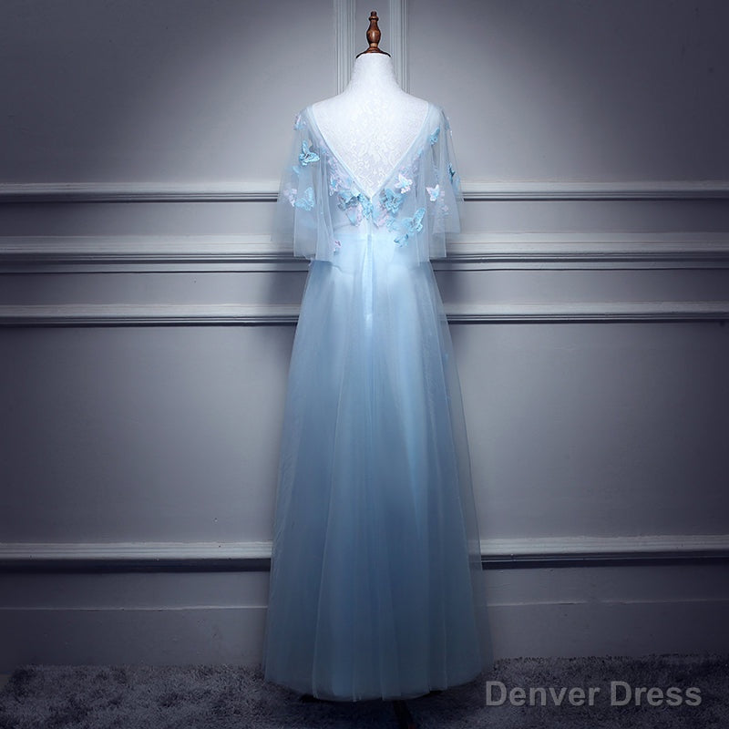 Light Blue Flowers Long Prom Dress, A Line Tulle Prom Dress