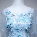 Light Blue Flowers Long Prom Dress, A Line Tulle Prom Dress