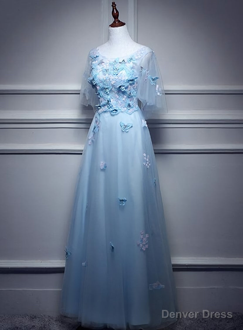 Light Blue Flowers Long Prom Dress, A Line Tulle Prom Dress