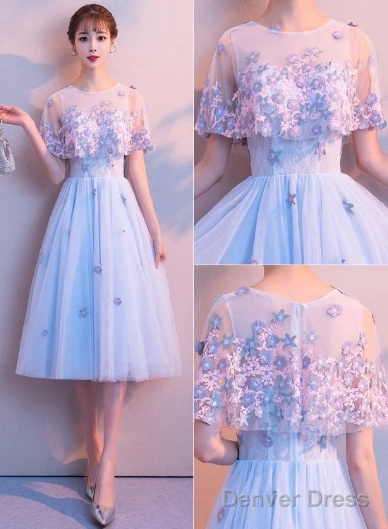 Light Blue Flowers Tulle Short Homecoming Dresses Main image