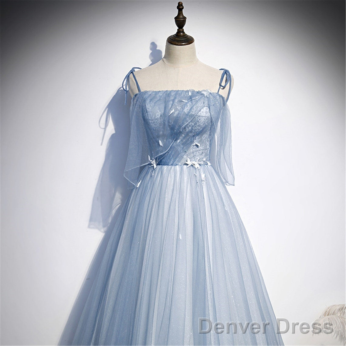 Light  Blue Glitter Spaghetti Straps Formal Dress,  Lace Up Back Wedding Dress Glitter Tulle Prom Dresses