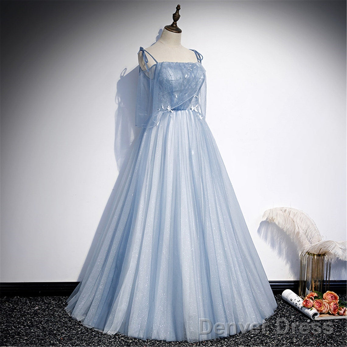 Light Blue Glitter Spaghetti Straps Prom Dress, Lace Up Back Wedding Dress Glitter Tulle Prom Dresses