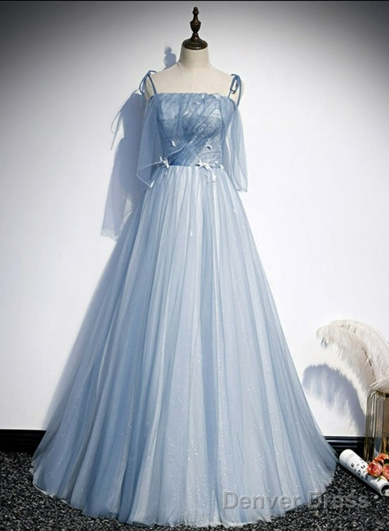 Light Blue Glitter Spaghetti Straps Prom Dress, Lace Up Back Wedding Dress Glitter Tulle Prom Dresses
