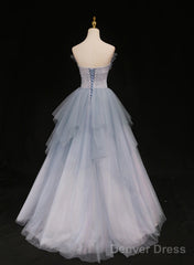 Light Blue Gradient Tulle With Beaded Long Formal Dress, Light Blue Long Prom Dress