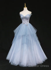 Light Blue Gradient Tulle With Beaded Long Formal Dress, Light Blue Long Prom Dress