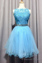 Light Blue Lace Appliques Short Homecoming Dress
