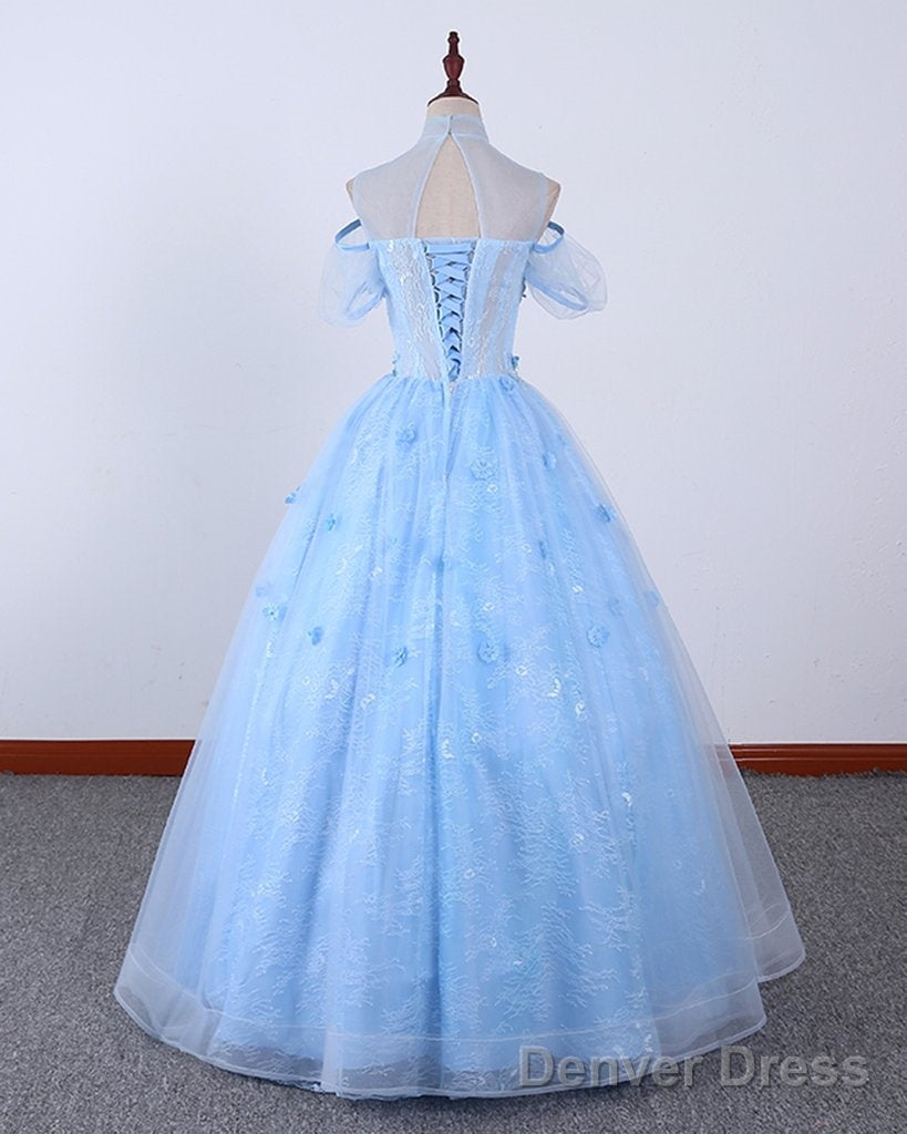 Light Blue Lace High Neck Lace Applique Ball Gown, Lace Sweet 16 Dress, Prom Dress