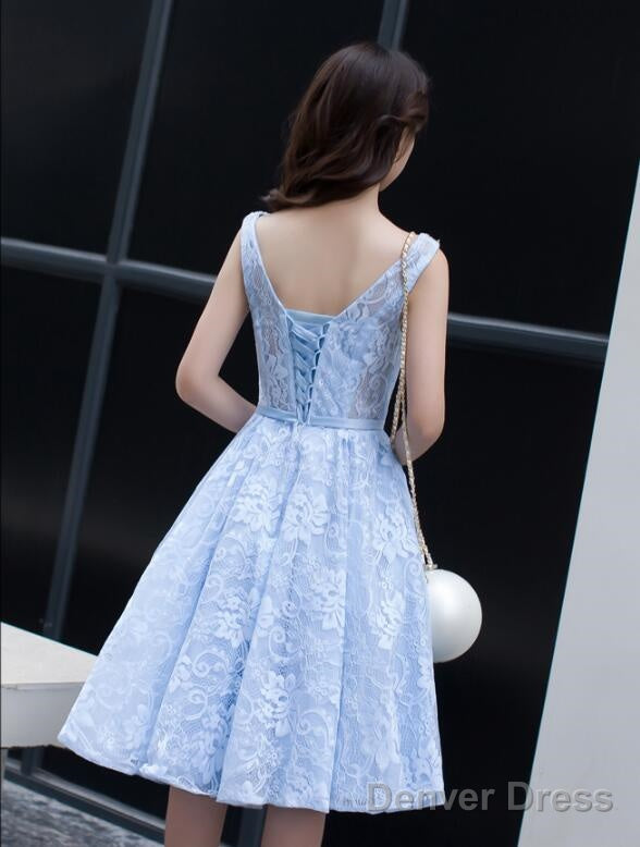 Light Blue Lace Knee Length Round Neckline Party Dress, Charming Blue Prom Dress