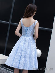 Light Blue Lace Knee Length Round Neckline Party Dress, Charming Blue Prom Dress