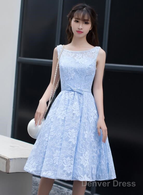 Light Blue Lace Knee Length Round Neckline Party Dress, Charming Blue Prom Dress Main image