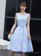 Light Blue Lace Knee Length Round Neckline Party Dress, Charming Blue Prom Dress