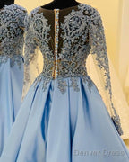 Light Blue Lace Long Sleeve Homecoming Dresses