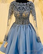 Light Blue Lace Long Sleeve Homecoming Dress
