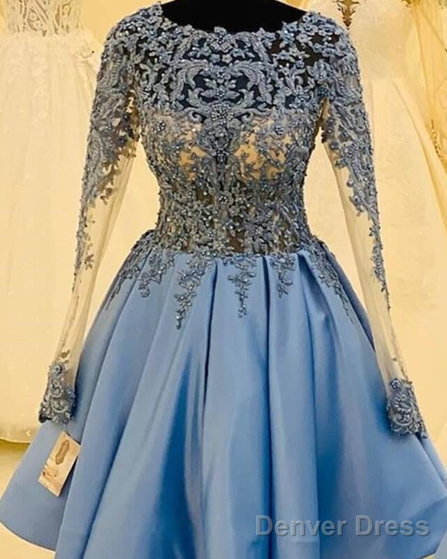 Light Blue Lace Long Sleeve Homecoming Dresses