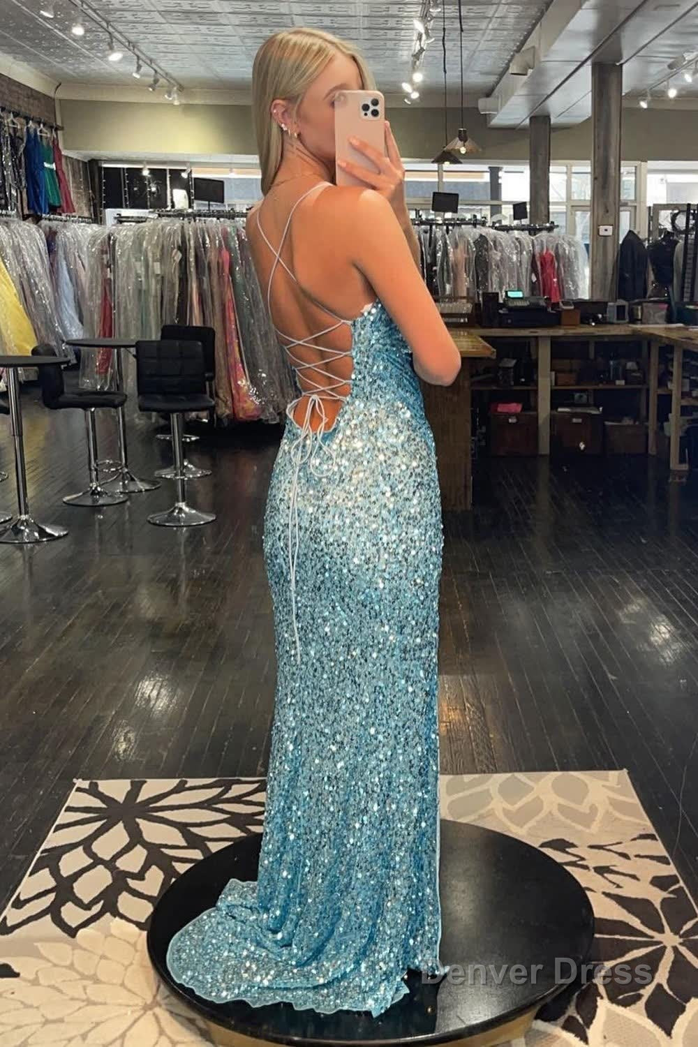 Light Blue Lace Up Back Sequins Prom Dresses with Slit