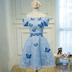 Light Blue Lace With Butterflies Short Homecoming Dresses, Blue Prom Dresses