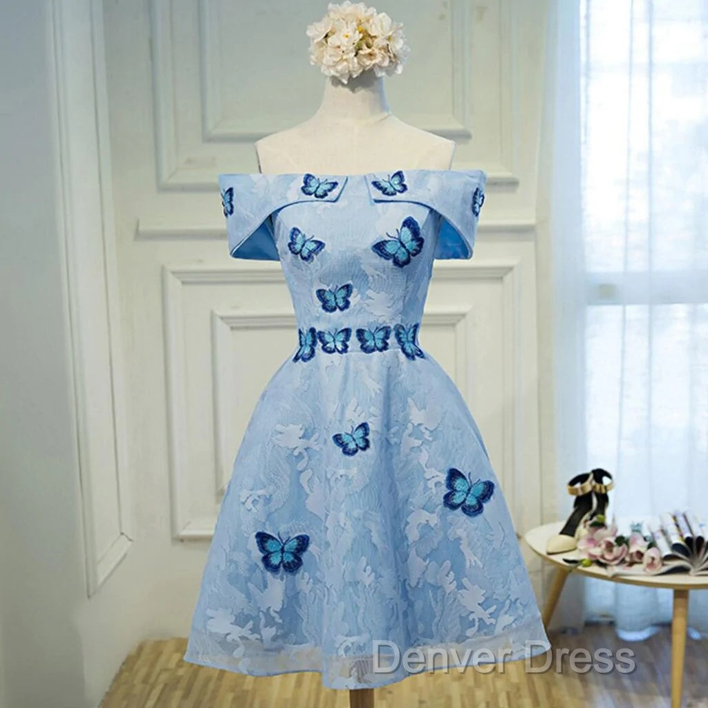 Light Blue Lace With Butterflies Short Homecoming Dresses, Blue Prom Dresses