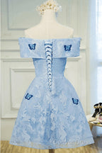 Light Blue Lace With Butterflies Short Homecoming Dresses, Blue Prom Dresses