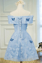Light Blue Lace With Butterflies Short Homecoming Dress, Blue Prom Dresses