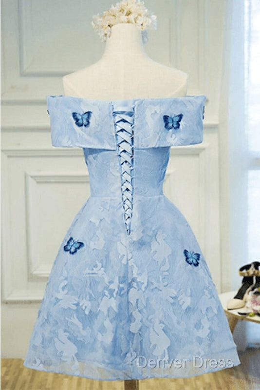 Light Blue Lace With Butterflies Short Homecoming Dress, Blue Prom Dresses