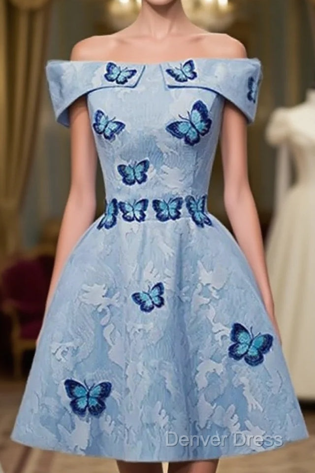 Light Blue Lace With Butterflies Short Homecoming Dress, Blue Prom Dresses
